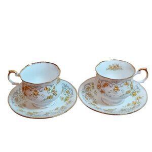 Set x2 Vintage Queen's Rosina China Co Bone Teaset Cups & Saucers Yellow Flowers